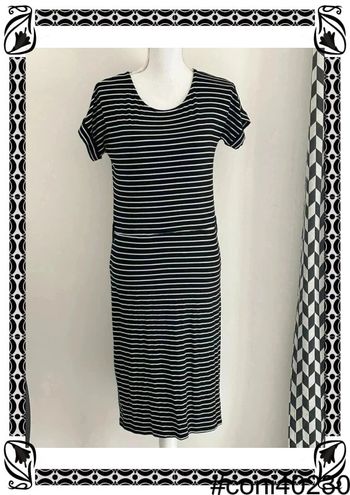 Robe Longue à Rayures Noir et Blanc, Manches Courtes, Taille 36