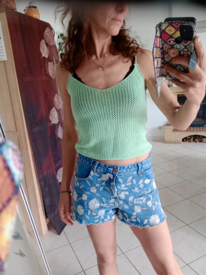 Débardeur femme XS en crochet menthe c85 - photo numéro 2