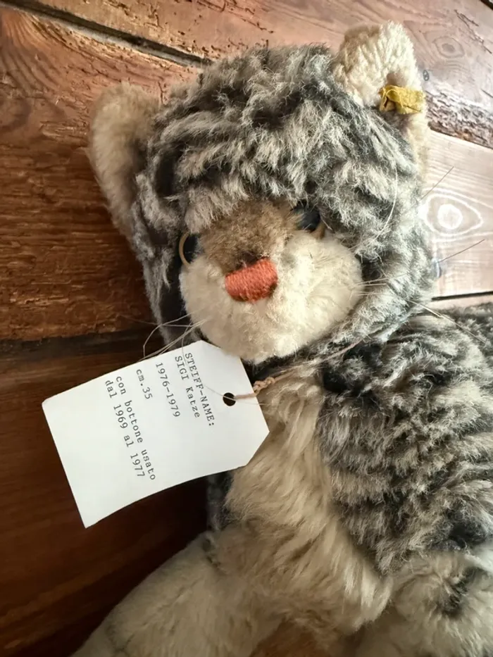 Peluche Chat Steiff ancienne Sigi Katze grand 35cm gris rayé 35cm 1976-79 vintage - photo numéro 2