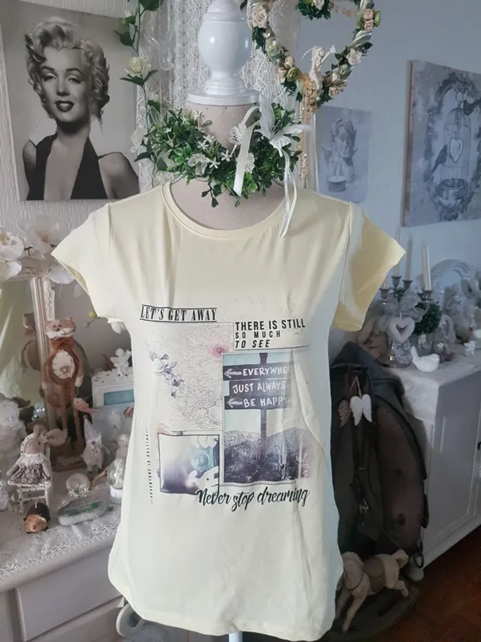 Joli T-shirt jaune clair imprimé C & A Taille L Neuf - photo numéro 2