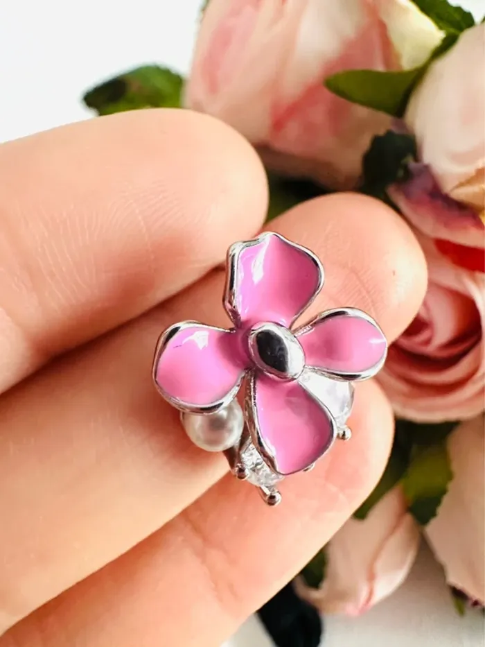 🌸Boucles d’oreilles faites main – fleur rose, petite perle & cristal - photo numéro 9