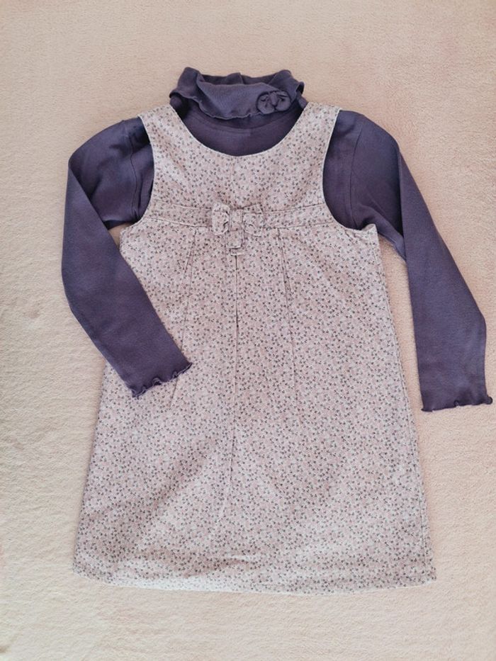 Ensemble Grain de Blé 36 mois : robe chasuble motif liberty parme et t-shirt manches longues violet