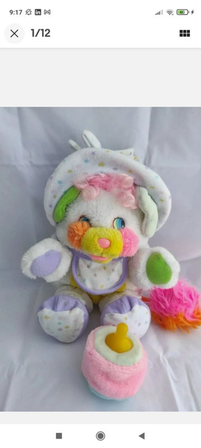 Vintage années 1980 Popples ~ Bébé Bibsy Popple with baby bottle biberon