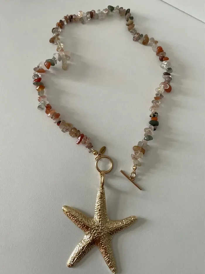 Collier pierre naturelles & pendentif étoile de mer dorée - photo numéro 6
