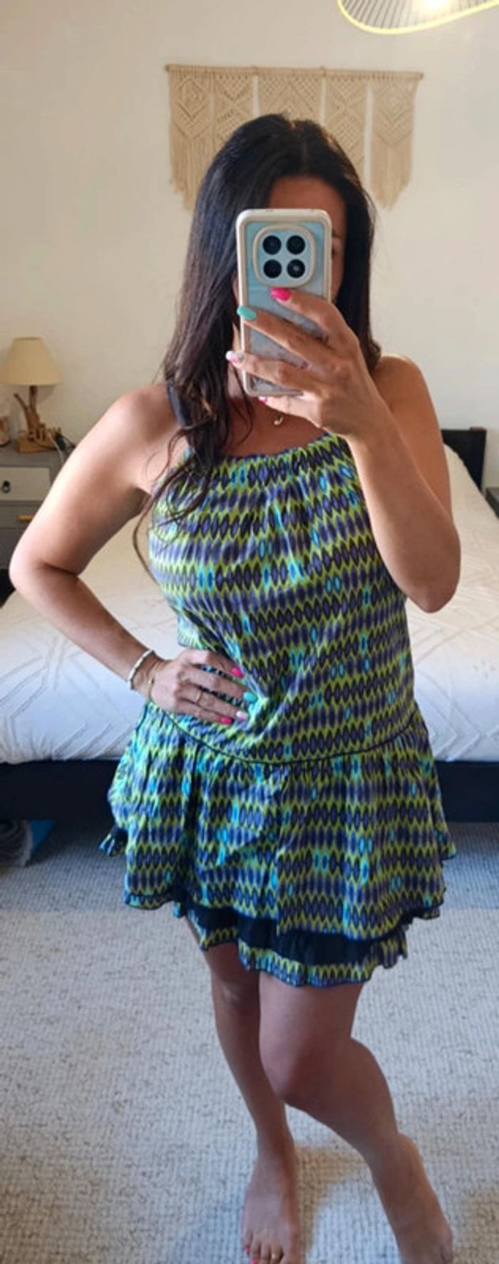 Robe d'été Chattawak 40 violet, marron et vert style hippie 70's 100% coton avec volants - photo numéro 3