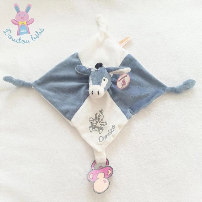Doudou plat Ane Corsica gris bleu blanc attache tétine Rodadou