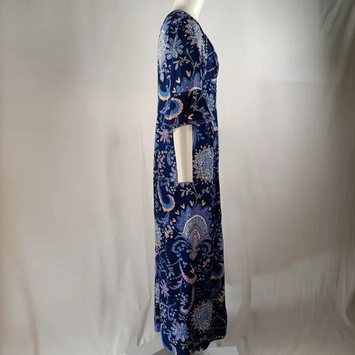 Robe longue bleu nuit imprimé cachemire, manches volantées, doublée, taille estimée M A1217 - photo numéro 4