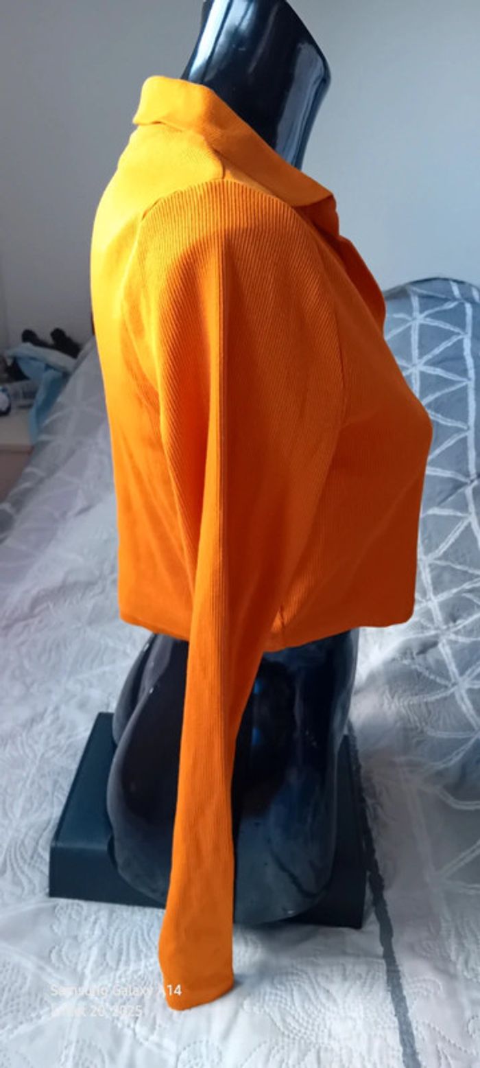 Polo court manches longues maille côtelée col en V à boutons orange femme L zara - photo numéro 5