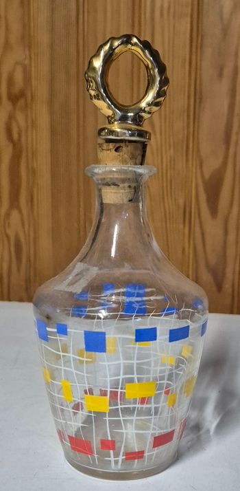 carafe en verre vintage 23cm décor géométrique bouchon doré made in france