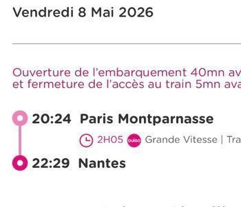 Billet de train Paris Montparnasse via Nantes vendredi 8 mai 20h24 arrivée à Nantes 22h29