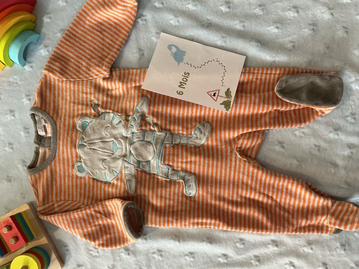 pyjama grenouillère en velours rayé orange et gris 6 mois kitchoun - photo numéro 3