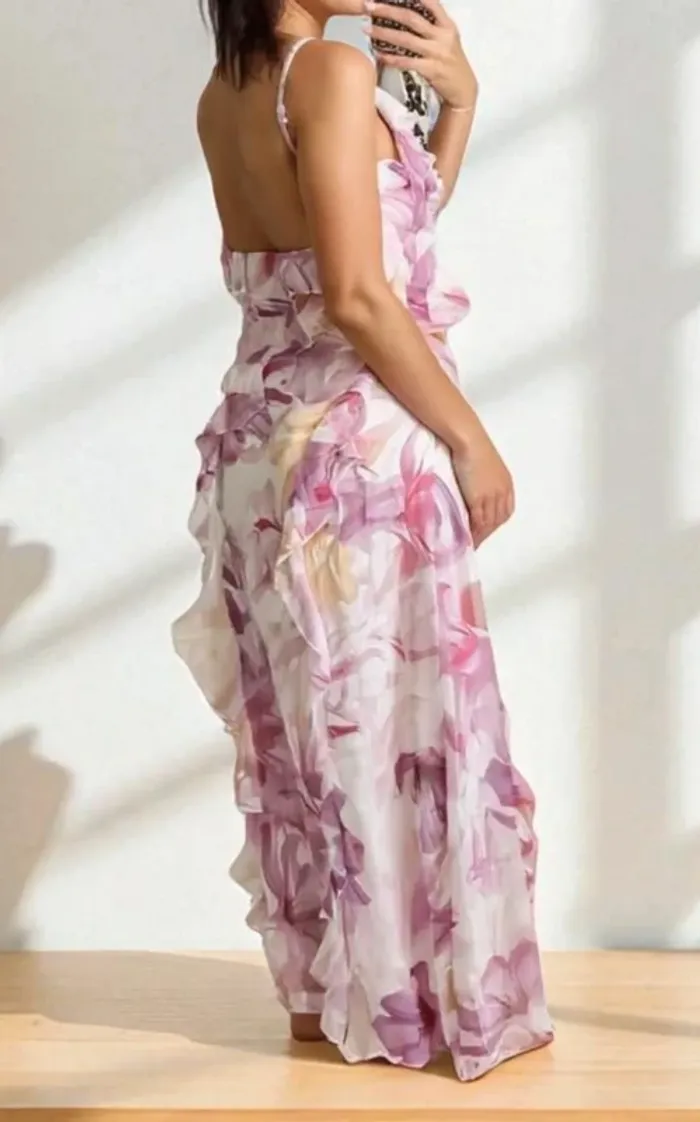 Robe longue fluide fleurs dos nu bretelles fines bohème été - photo numéro 2