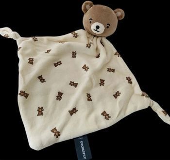 ❤️Doudou plat mouchoir ours orchestra blanc écru beige marron