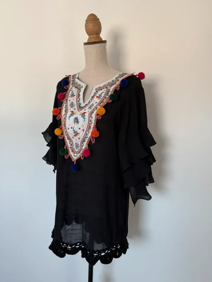 Haut manches noir femme volant plage tailleur M fluide ample L léger été pompons rose blouse t-shirt - photo numéro 3