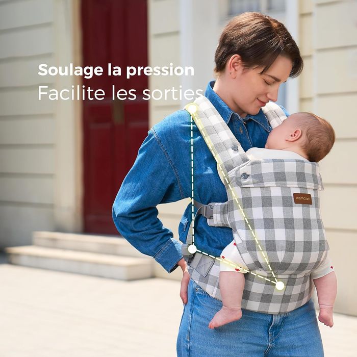 Porte-bébé Momcozy neuf – coton et lin, motif à carreaux bleu-gris - photo numéro 10