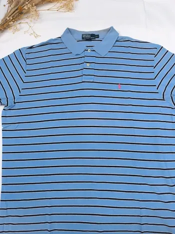Polo Ralph Lauren homme bleu rayé marine excellent état taille XXL intérieur col jauni