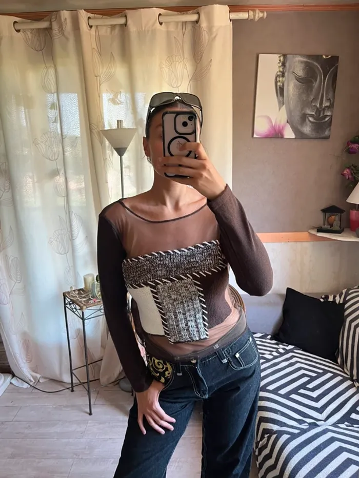 Top laine mesh bi matière asymétrique grunge y2k 2000yer - photo numéro 5