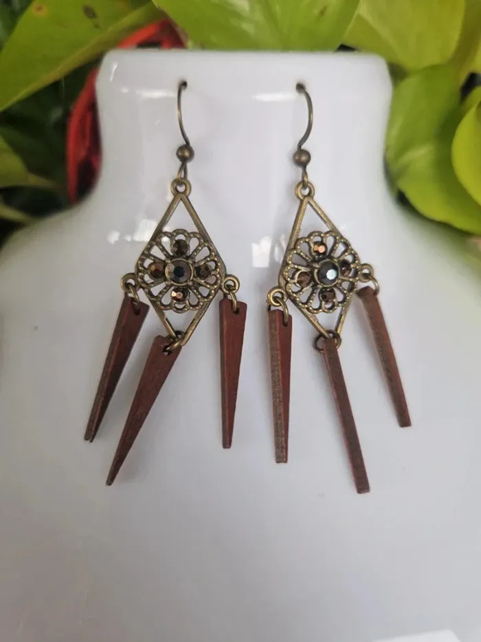 Boucles d’oreilles fantaisies couleur bronze et bois