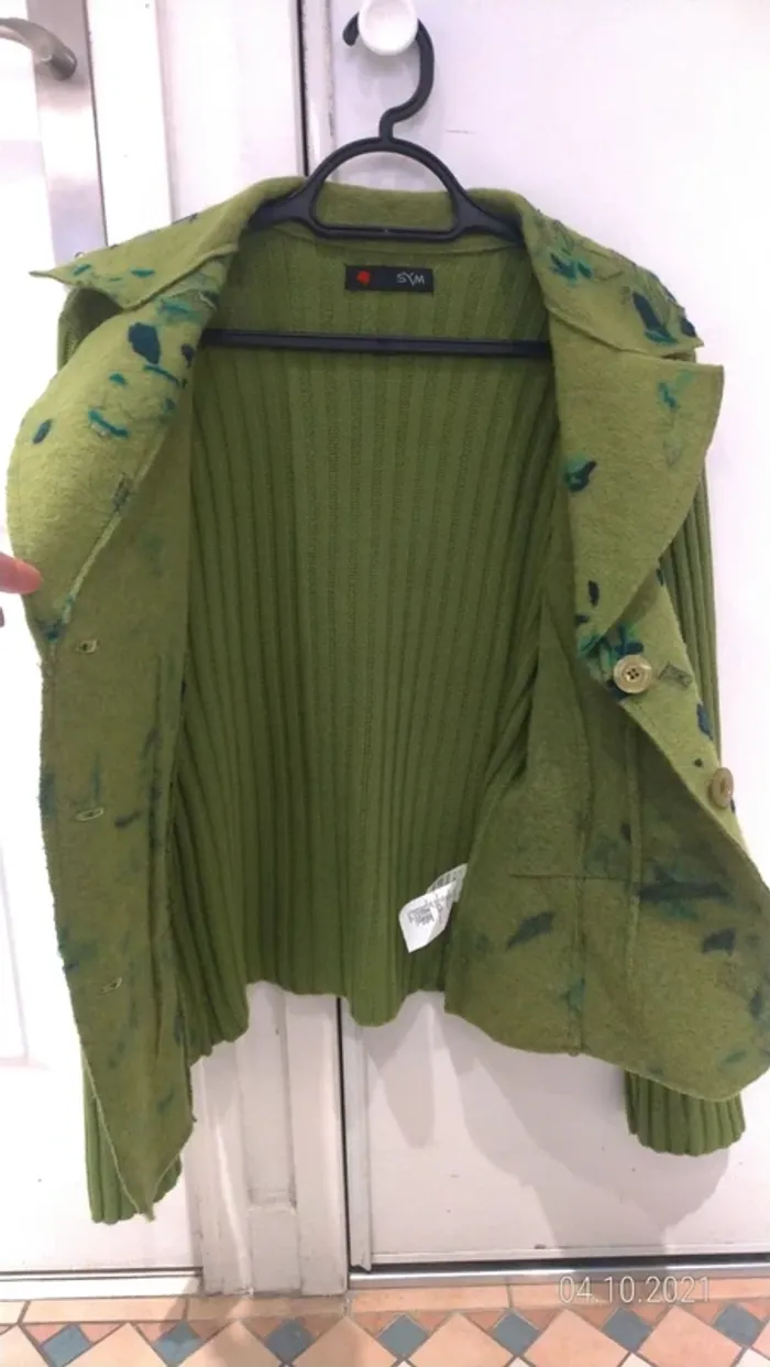 Veste blazer verte en laine bouillie, côtelée manches et dos - photo numéro 3