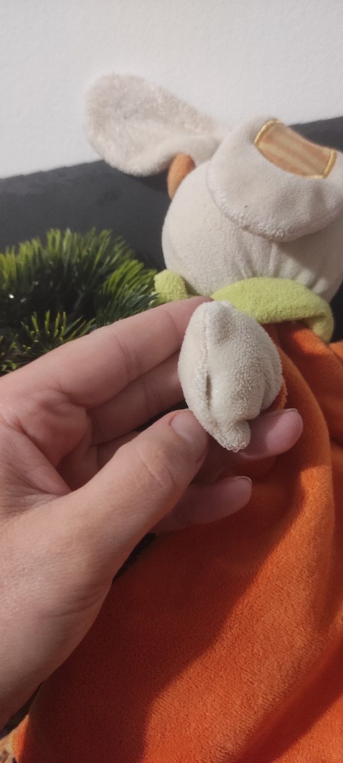 Lapin mots d enfants doudou plat jaune orange vert bandana oiseau poussin Rayé - photo numéro 3