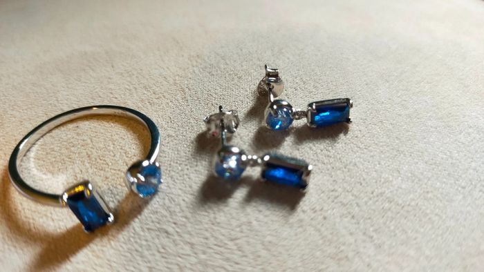 Argent 925 & Zircons saphir (collier + bague + boucles) - photo numéro 6