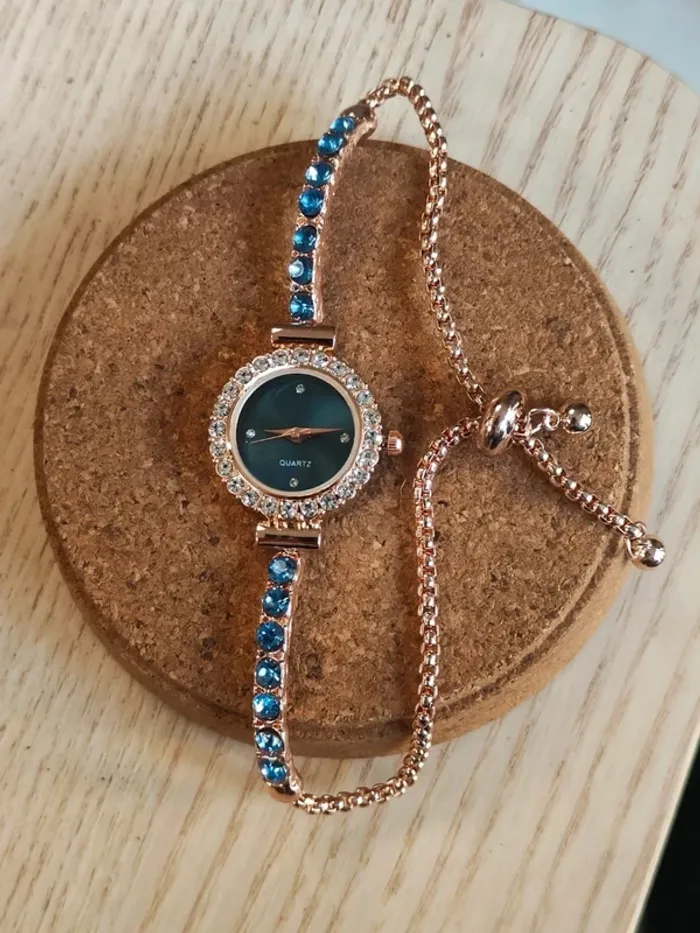 Montre bijou, bleu ciel, et rose-doré - photo numéro 4