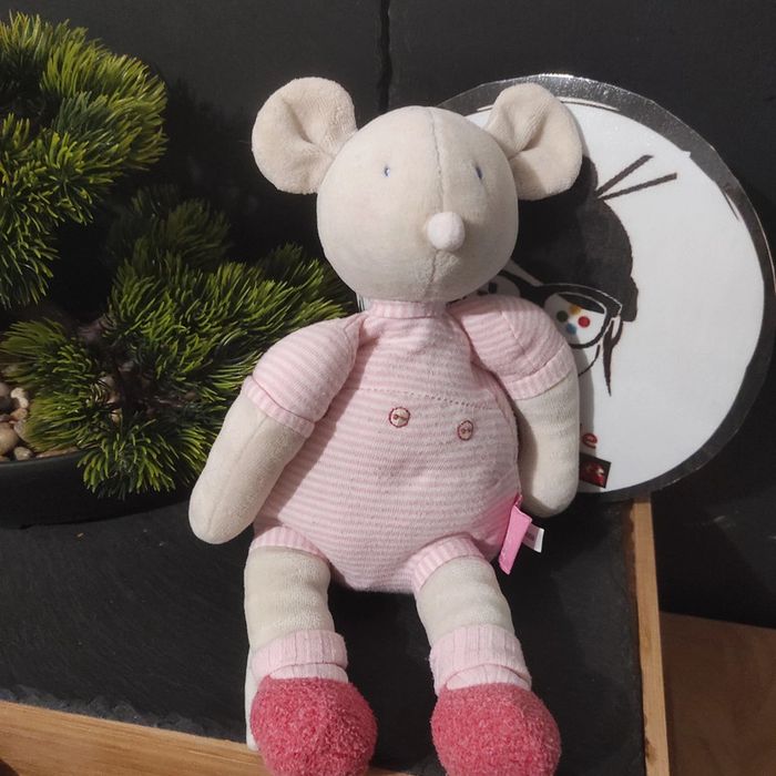 Doudou Souris Lila Patachon rose rayé moulin roty peluche 30 cm Salopette Bouton