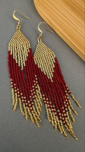 Boucles d'oreilles longues rouges et dorées 10 cm Miyuki fait main