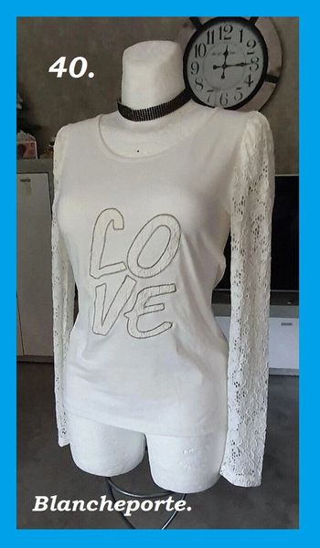 Beau T-shirt blanc manches dentelle T: 38/40