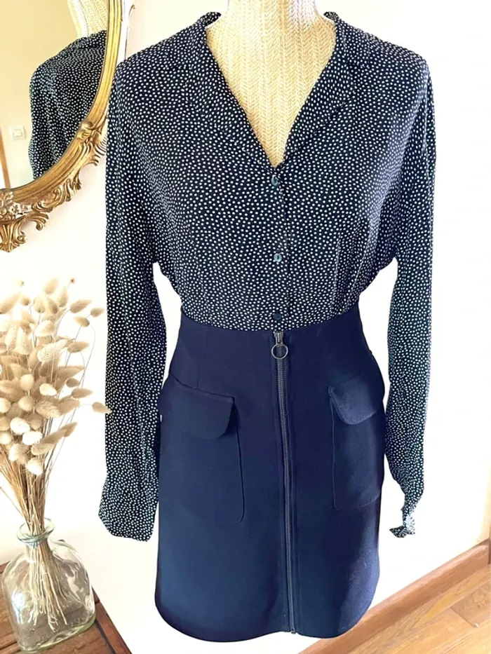 Sublime chemise manche longue à boutonnage et col noir et blanc style plumetis à pois - photo numéro 12