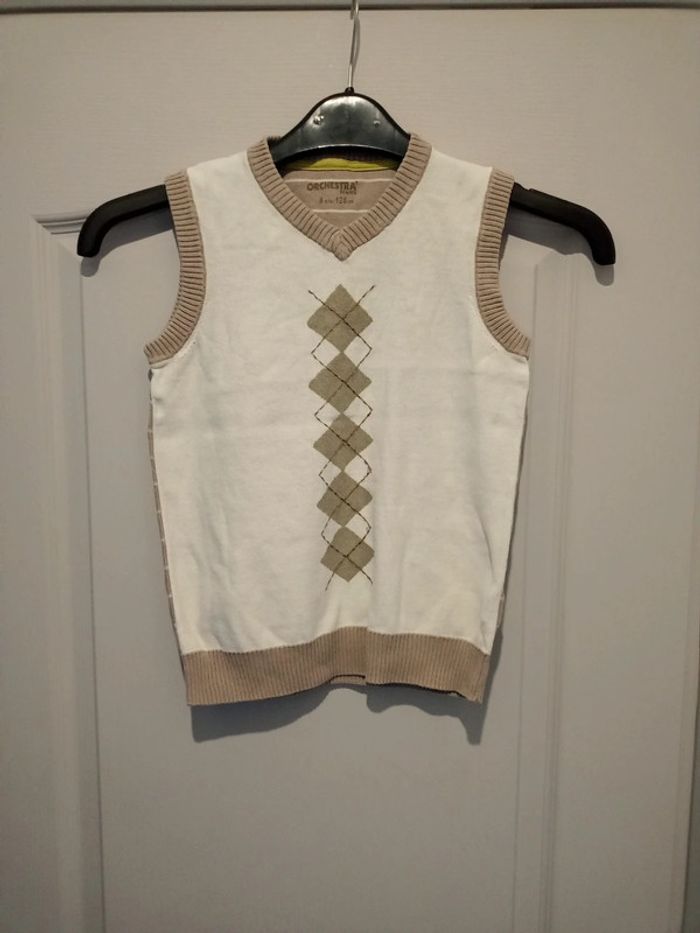 Pull sans manches beige /blanc 8ans