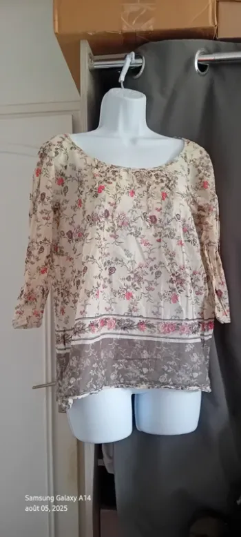 Blouse légère manches 3/4 motif fleurs esprit bohème beige femme 38 promod