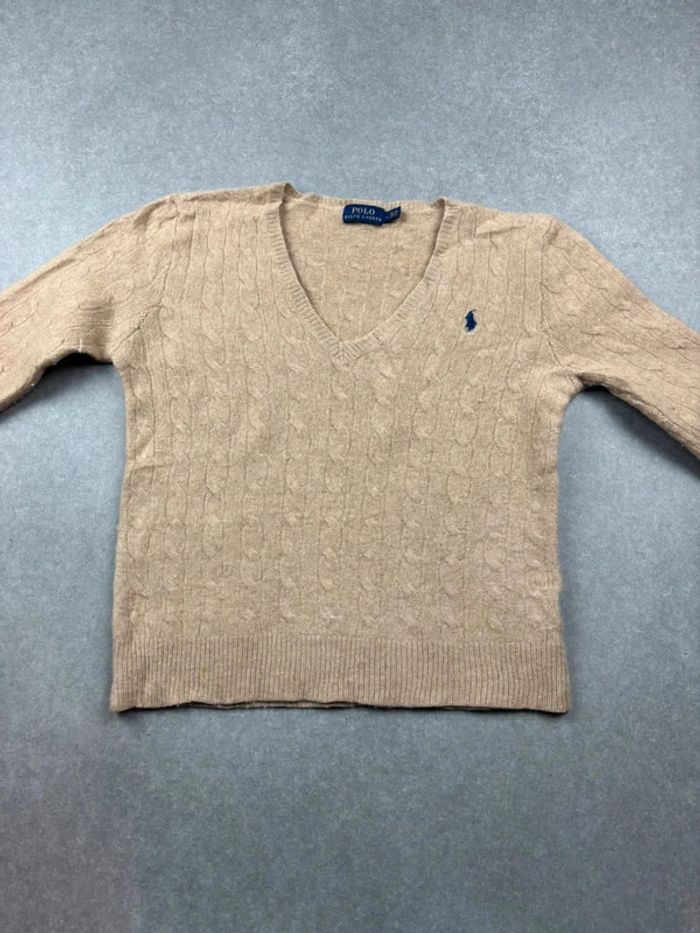 Pull d’hiver torsadé Ralph Lauren en laine et cachemire beige col V taille XS - photo numéro 2