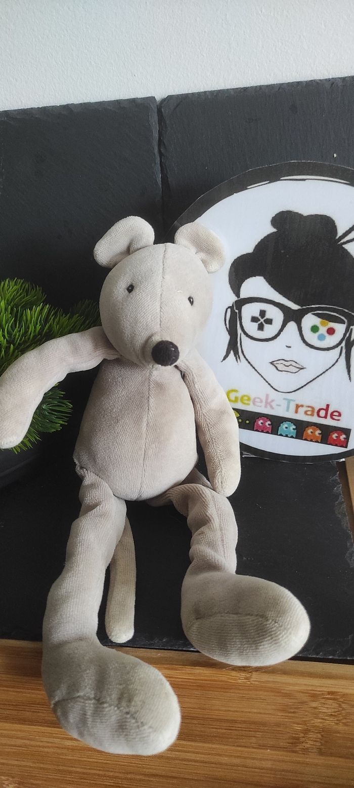 Souris Moulin roty doudou La Grande Famille peluche gris beige noir Nini Ancien