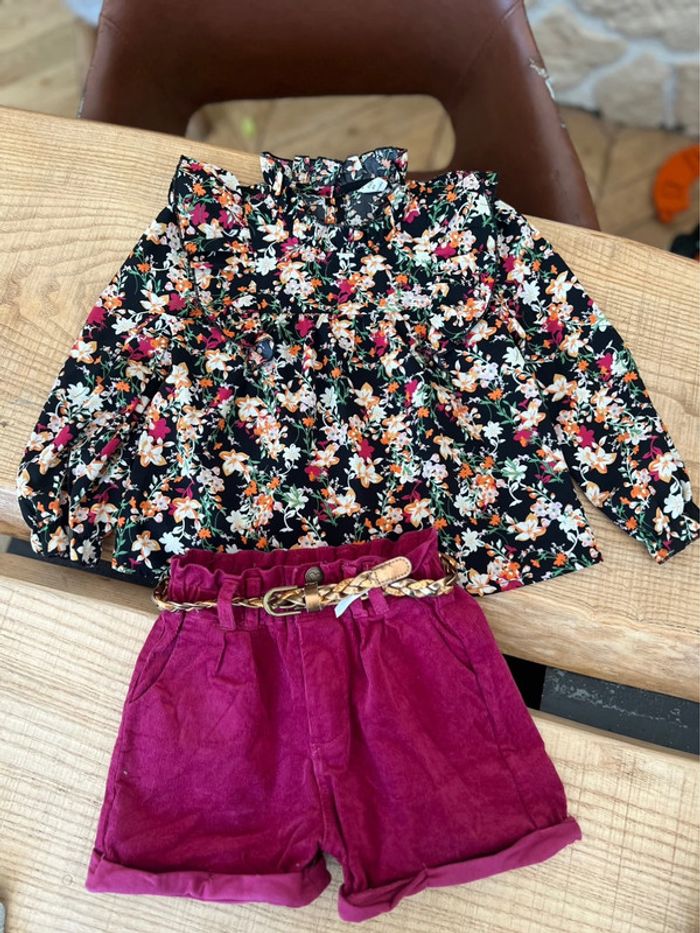 Ensemble 5 ans shein Lili marelle short velours côtelé blouse tunique à fleurs fille - photo numéro 4