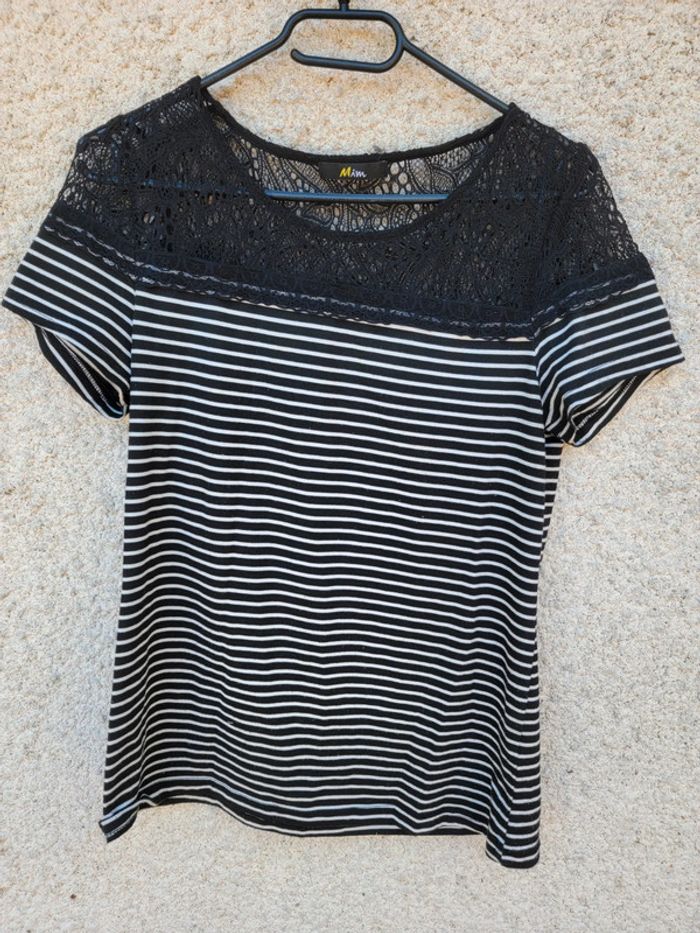 Joli haut rayures marinière vintage dentelle old money chic tendance
