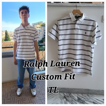 Ralph Lauren Polo MC TL -Custom Fit -Fond Blanc avec Rayures Marine & Rose -100%Coton