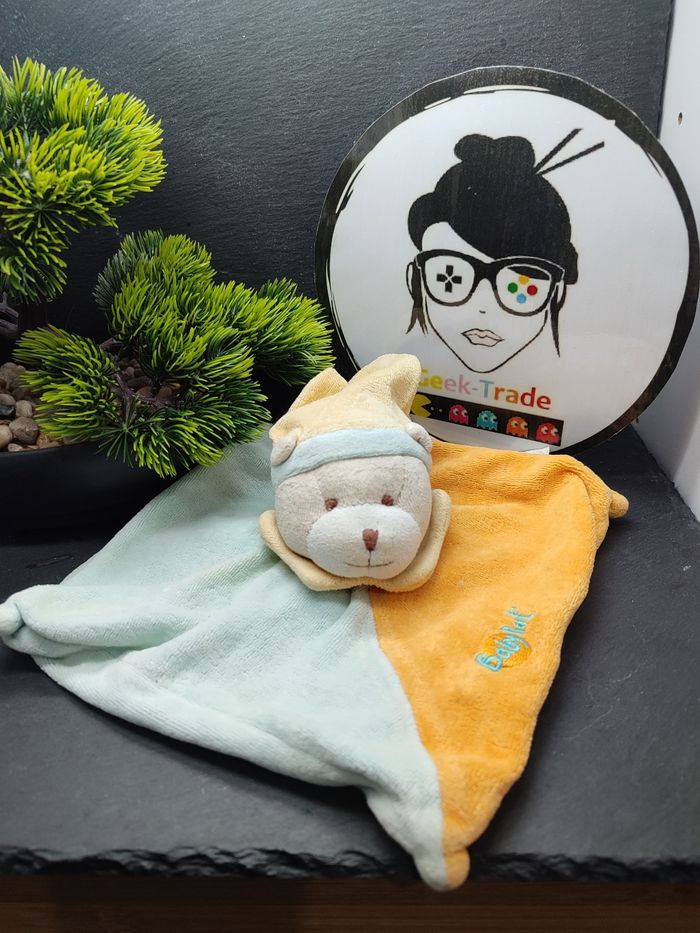 DD003646 Doudou plat ours orange bleu jaune baby nat bonnet ancien Marron Beige