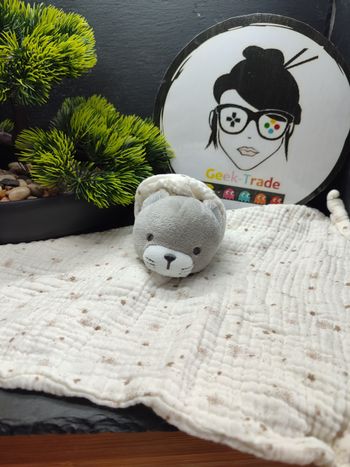 doudou chat obaibi Okaïdi capuche gris blanc Étoile marron lange plat carré 3760