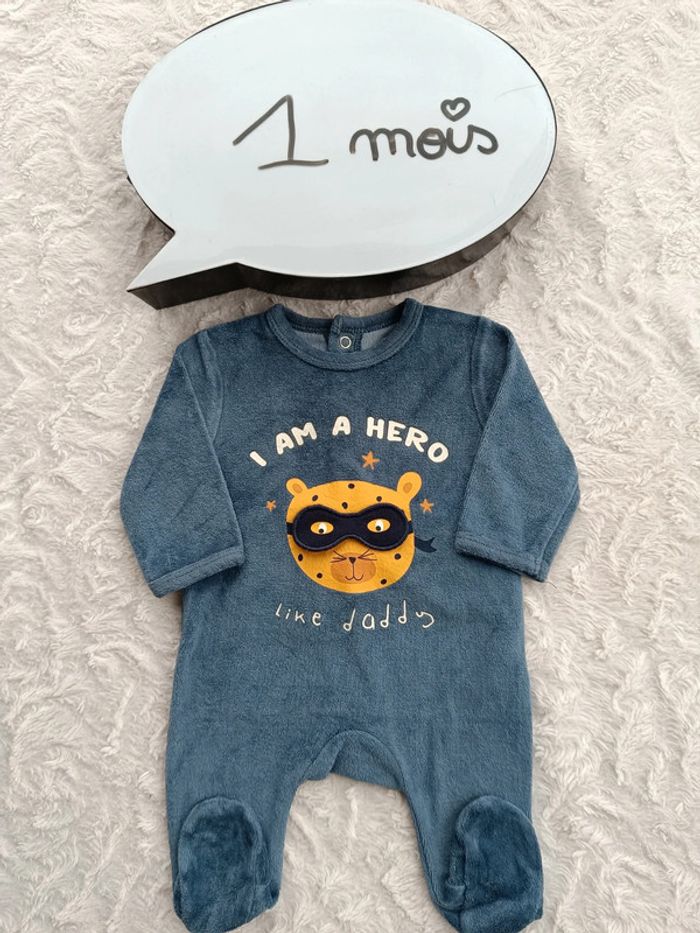 Pyjama grenouillère velours Garçon 1 mois Hero like daddy Papa Kiabi Eco conception coton bio