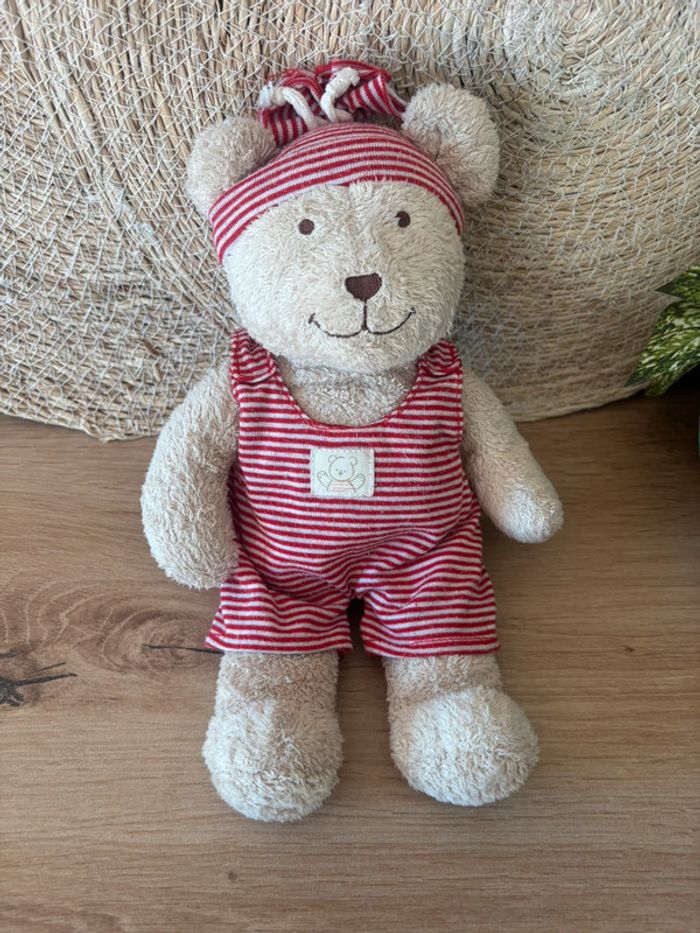 Doudou ours beige combinaison rayé rouge the baby collection nicotoy - photo numéro 3