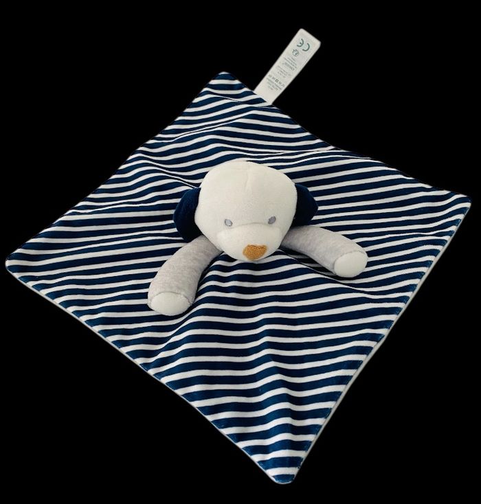 B6138❤️ Doudou plat Mouchoir Obaibi Okaidi Chien Bleu Rayé Blanc Gris