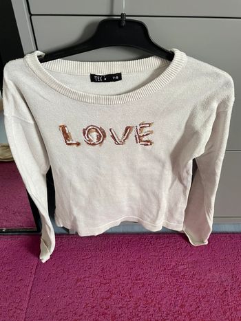 Pull fille, couleur beige, motif love à paillettes