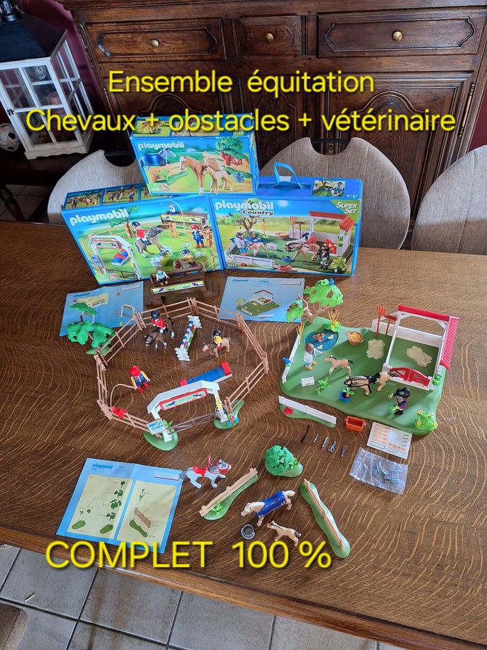 Playmobil 3 lots équitation,  vétérinaire + chevaux + obstacles