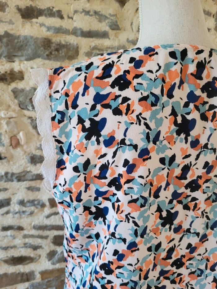Blouse manches courtes à motifs et dentelle écrue corail et bleu turquoise Pull&Bear Taille 42 - photo numéro 7