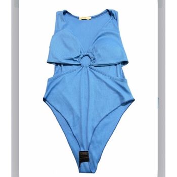 Body d'été échancré décolleté ouvert à la taille côtelé bleu