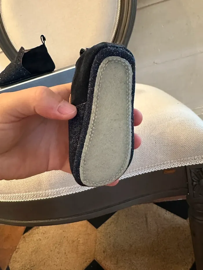 NEUF Jacadi chaussures chaussons cuir bleu marine pailletées bébé fille 18 Basile - photo numéro 6