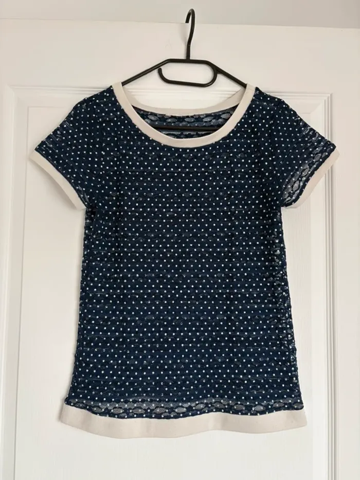 T-shirt manches courtes bleu transparent à pois blanc Promod S très bon état - photo numéro 2