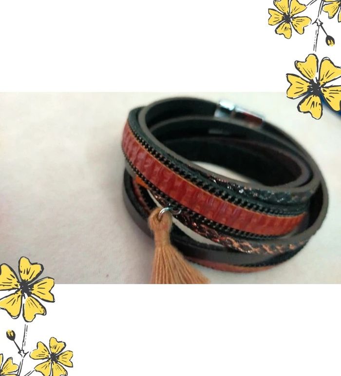 Bracelet multirangs fantaisie – Tons chauds & pampille beige - photo numéro 6