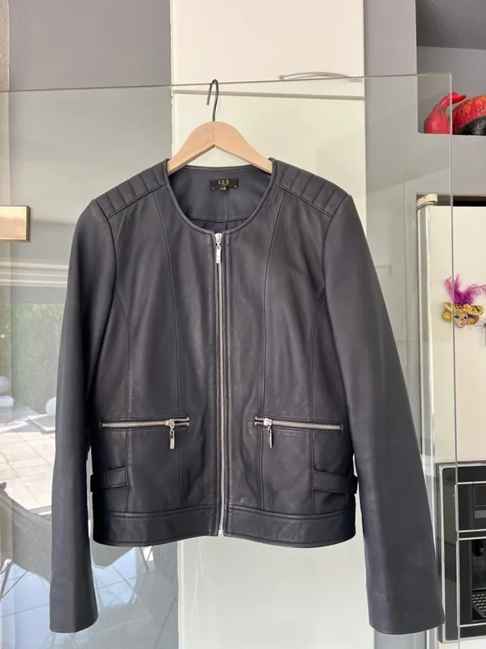 Blouson cuir bleu marine